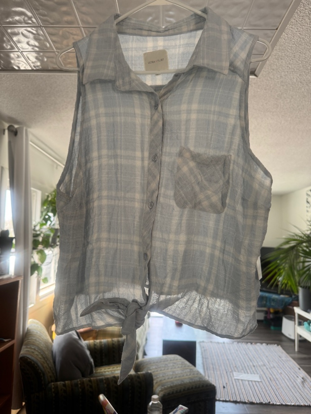 NWT Ultra Flirt Coastal Cowgirl Blue Plaid Tie Front Sleeveless Top 1X - Picture 1 of 12